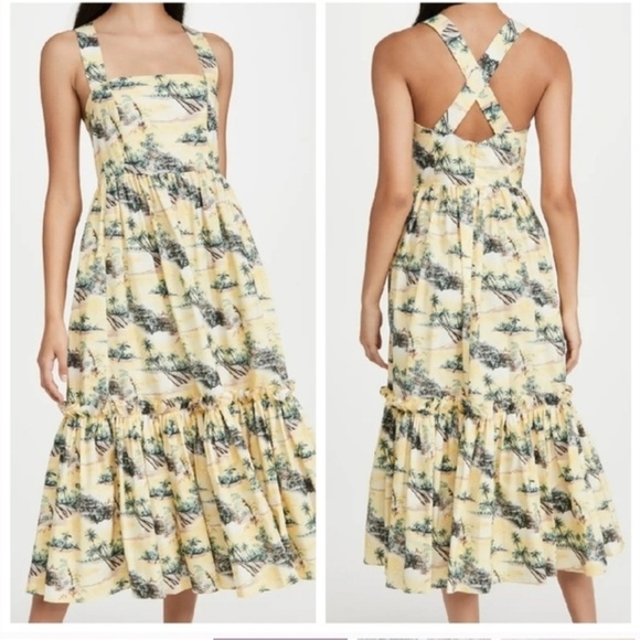 Cara Cara S Julia Hawaiian Yellow Floral Tropical Island Palm Tree Poplin Dress - Picture 2 of 7